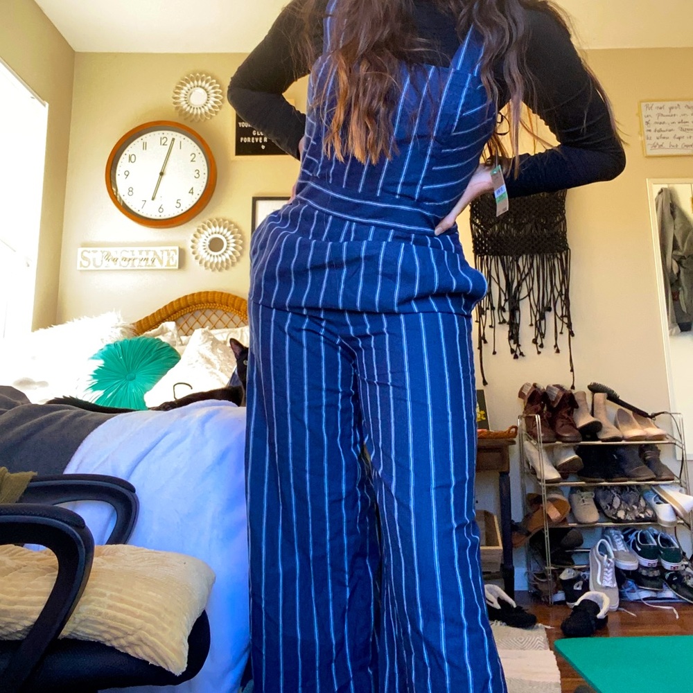 Blue and white striped jumpsuit overalls